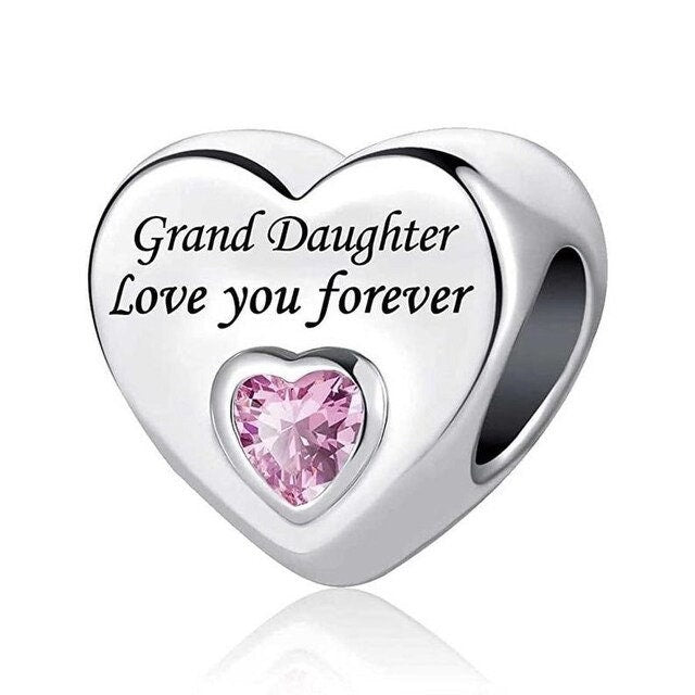 Granddaughter love you forever-Sterling Silver Charm with Pink Cubic Zirconia Heart