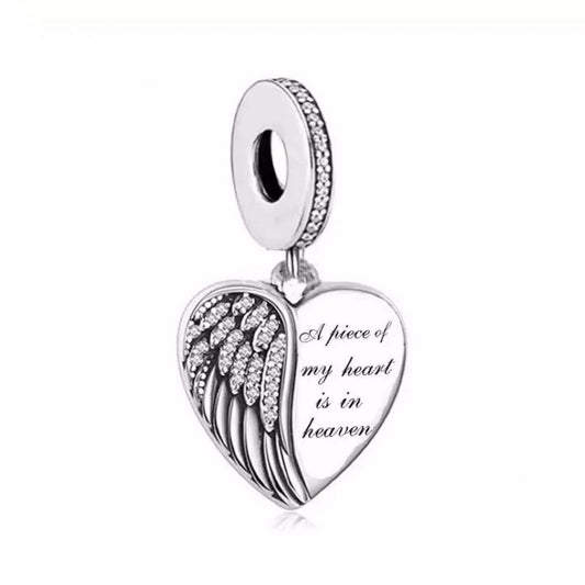 Sterling Silver Angel Wings Heart Charm, Remembrance Jewelry