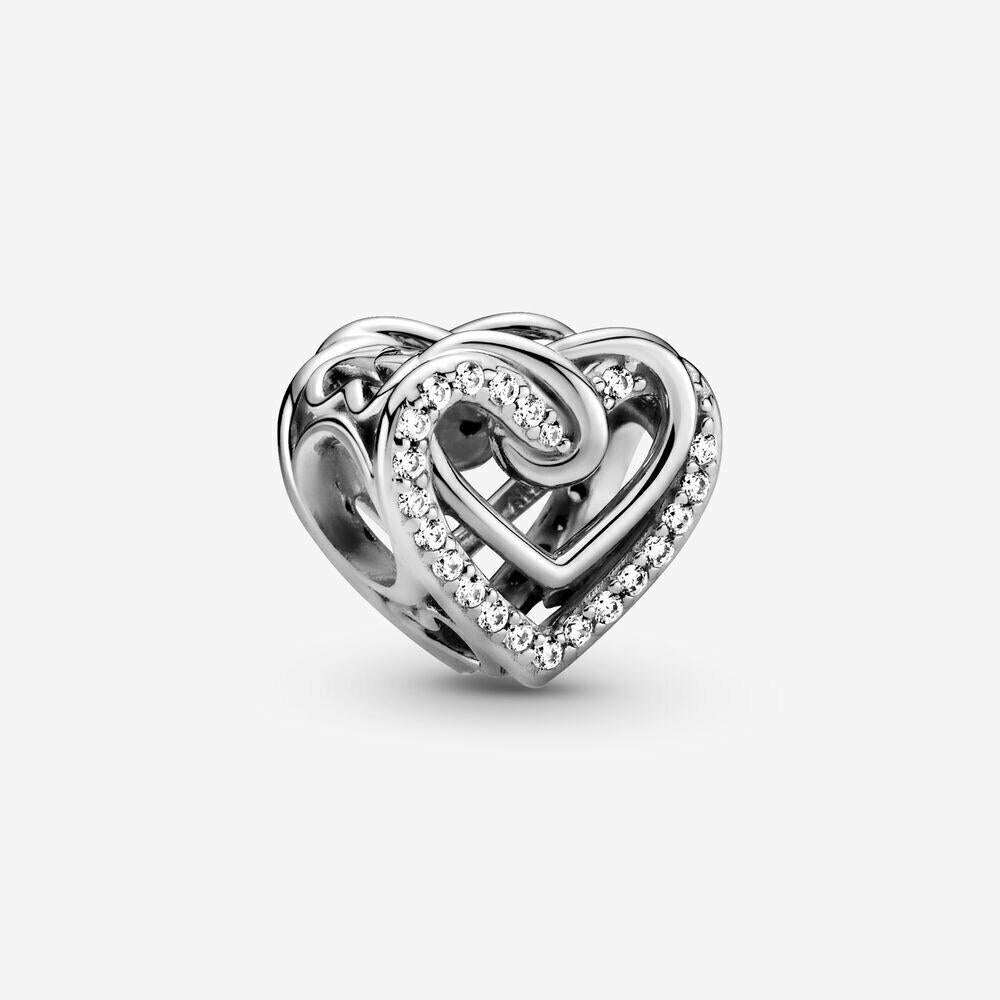 Sparkling Entwined Hearts Bead Charm, S925 Sterling Silver