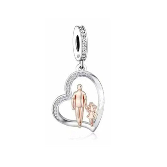 Father Daughter Sterling Silver Heart Dangle Charm, Birthday Gift