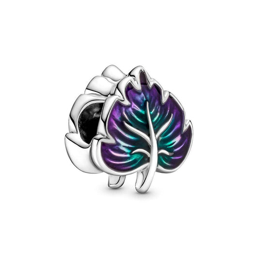 S925 Sterling Silver Leaf Charm, Green & Purple Bead