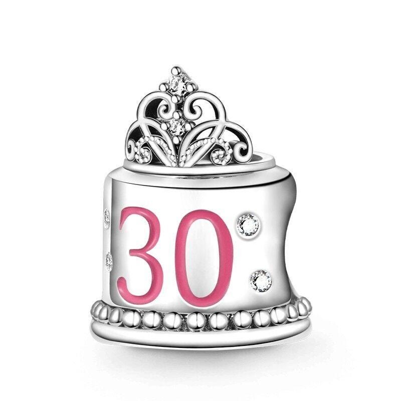 30th Birthday Cake Charm, Pink Accent, S925 Sterling Silver