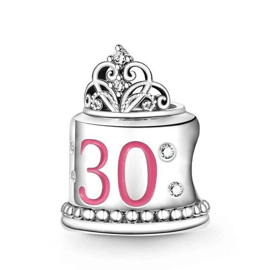30th Birthday Cake Charm, Pink Accent, S925 Sterling Silver