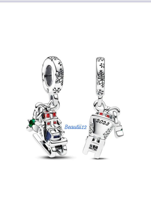 Christmas Sleigh dangle charm for women bracelet S925 Sterling Silver Gifts For Women / friend birthday ,Gifts, fits snake bracelet