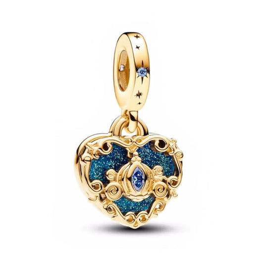 Cinderella Carriage Heart Dangle Charm, S925 Sterling Silver Bead