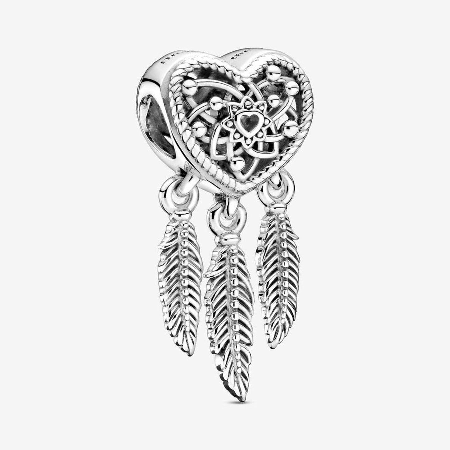 Sterling Silver Heart Dreamcatcher Feather Dangle Charm