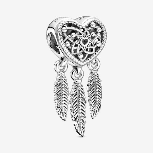 Sterling Silver Heart Dreamcatcher Feather Dangle Charm