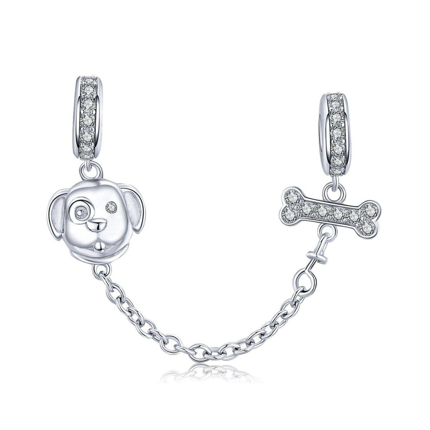 Dog and Bone Safety Chain Charm, S925 Sterling Silver