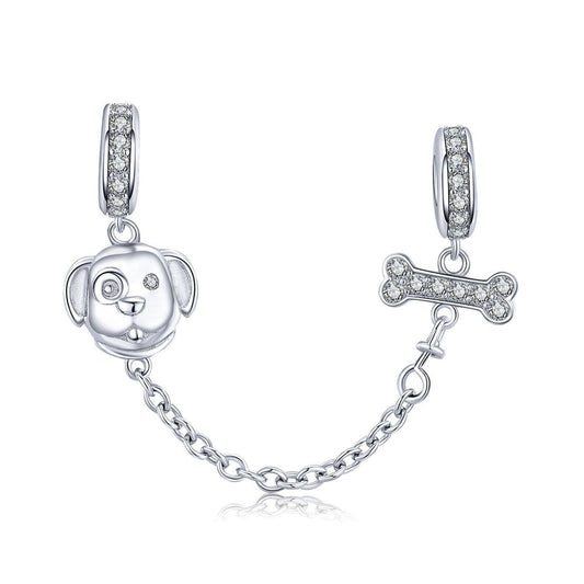 Dog and Bone Safety Chain Charm, S925 Sterling Silver