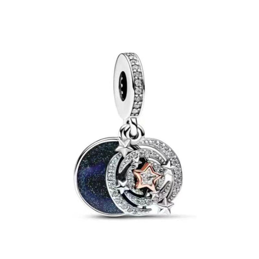Sterling Silver Galaxy Dangle Charm, Cubic Zirconia Star Moon Bead