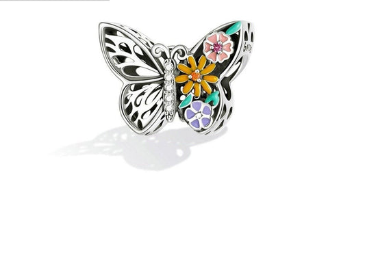 Sterling Silver Colorful Butterfly Charm, Dangle Bead for Bracelet