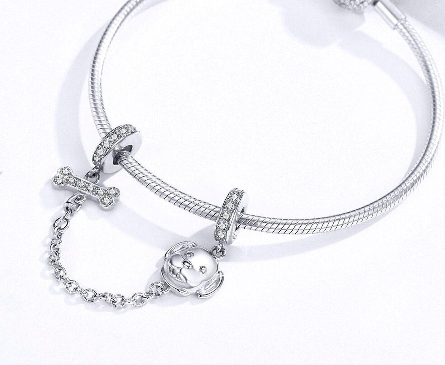 Dog and Bone Safety Chain Charm, S925 Sterling Silver