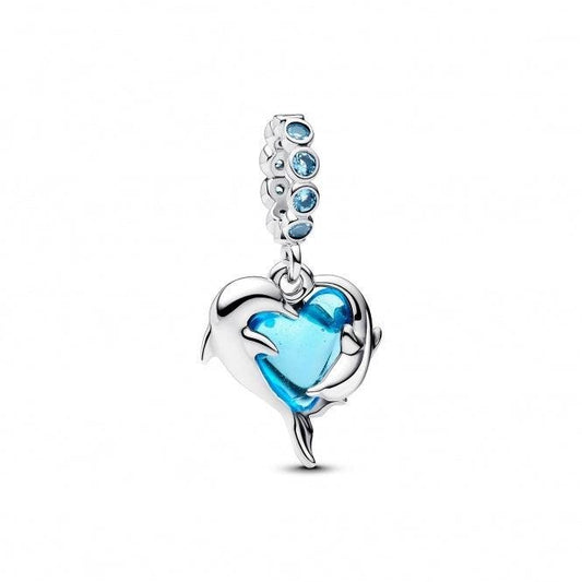 Blue Murano Glass Dolphins Dangle Charm for women bracelet S925 Sterling Silver Christmas gift