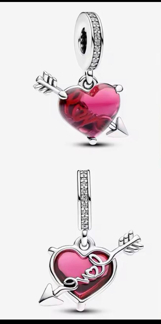 Red heart add arrow Murano Glass dangle charm for women bracelet S925 Sterling Silver, birthday gift, fits snake bracelet, Christmas charm