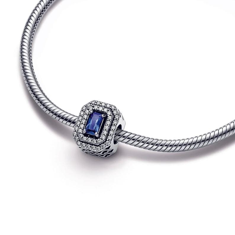 Blue Sparkling Levelled Rectangular bead charm for women bracelet S925 Sterling Silver Gift, fits snake bracelet, Christmas charm