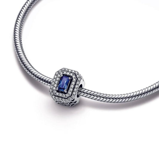 Blue Sparkling Levelled Rectangular bead charm for women bracelet S925 Sterling Silver Gift, fits snake bracelet, Christmas charm