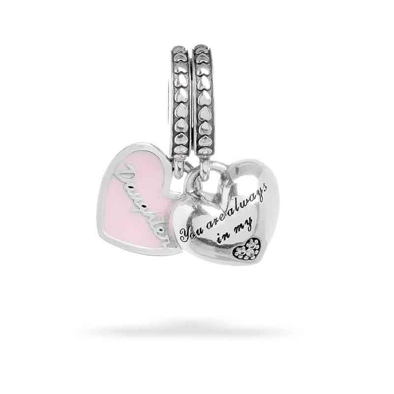 Mother Daughter Sterling Silver Heart Charm, Pink Enamel Dangle Bead