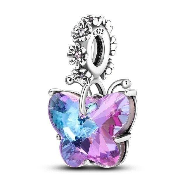 Purple Murano Glass Butterfly dangle charm for women bracelet S925 Sterling Silver Gifts For Women, friend birthday fits snake bracelet