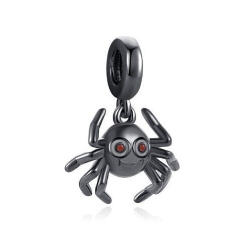 Black Spider S925 Sterling Silver Dangle Charm, Fits 3/4mm Bracelet