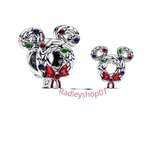 Mickey Mouse Christmas Wreath Charm, S925 Sterling Silver Dangle