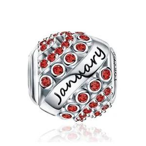 Sterling Silver Birthstone Charm, Round Bead for Bracelet