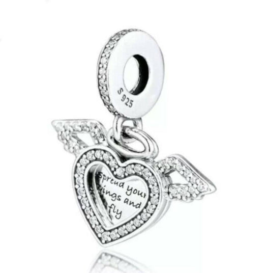 Sterling Silver Heart & Angel Wings Dangle Charm, Cubic Zirconia