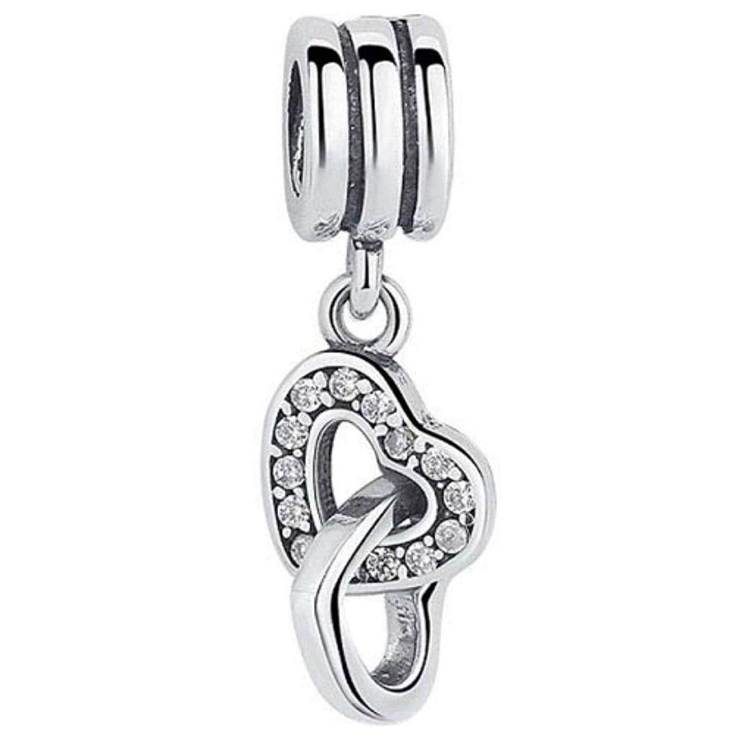 Sterling Silver Interlocking Hearts Dangle Charm, Cubic Zirconia