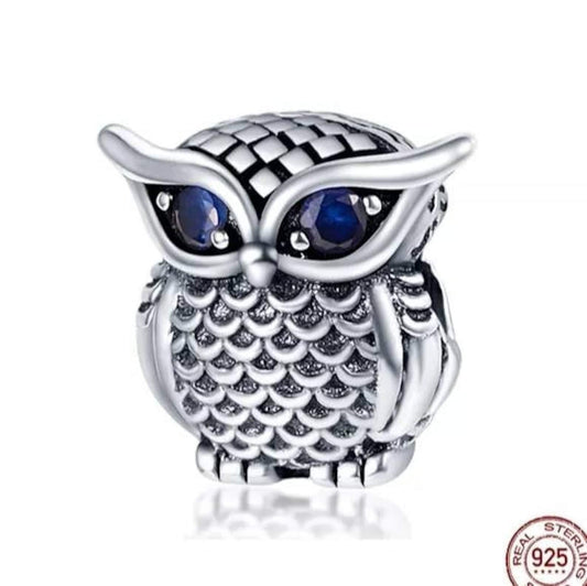 Sterling Silver Owl Charm with Cubic Zircon, Fits 3-4mm Bracelet