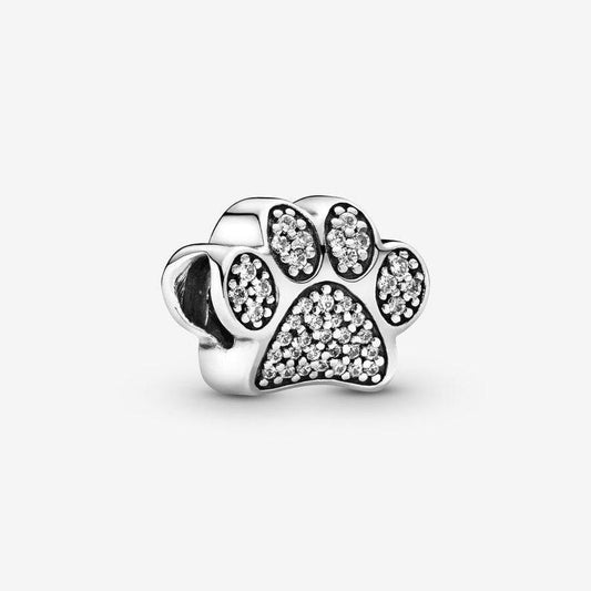 Sparkling Paw Print Charm Bead, S925 Sterling Silver, Fits 3/4mm Bracelet