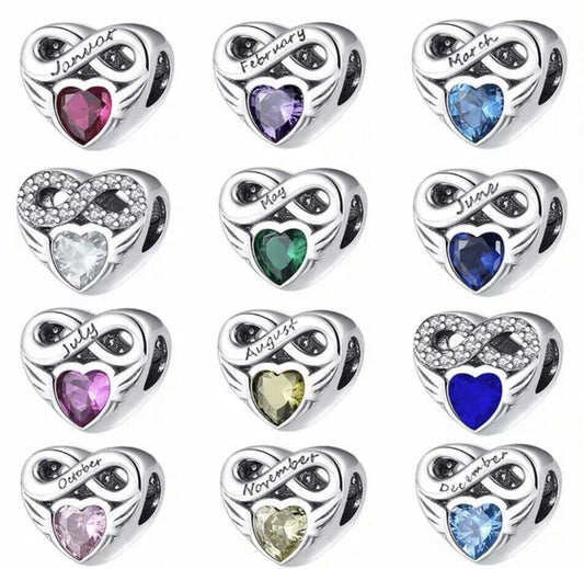 Sterling Silver Birthstone Heart Charm, S925, Birthday Gift