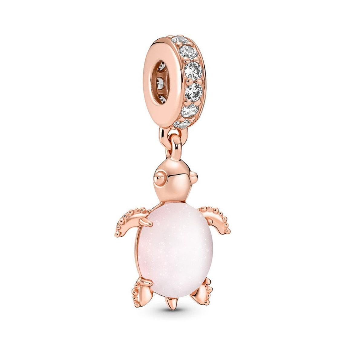 Pink Murano Glass Turtle Dangle Charm, Rose Gold Sterling Silver