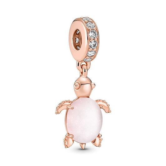 Pink Murano Glass Turtle Dangle Charm, Rose Gold Sterling Silver