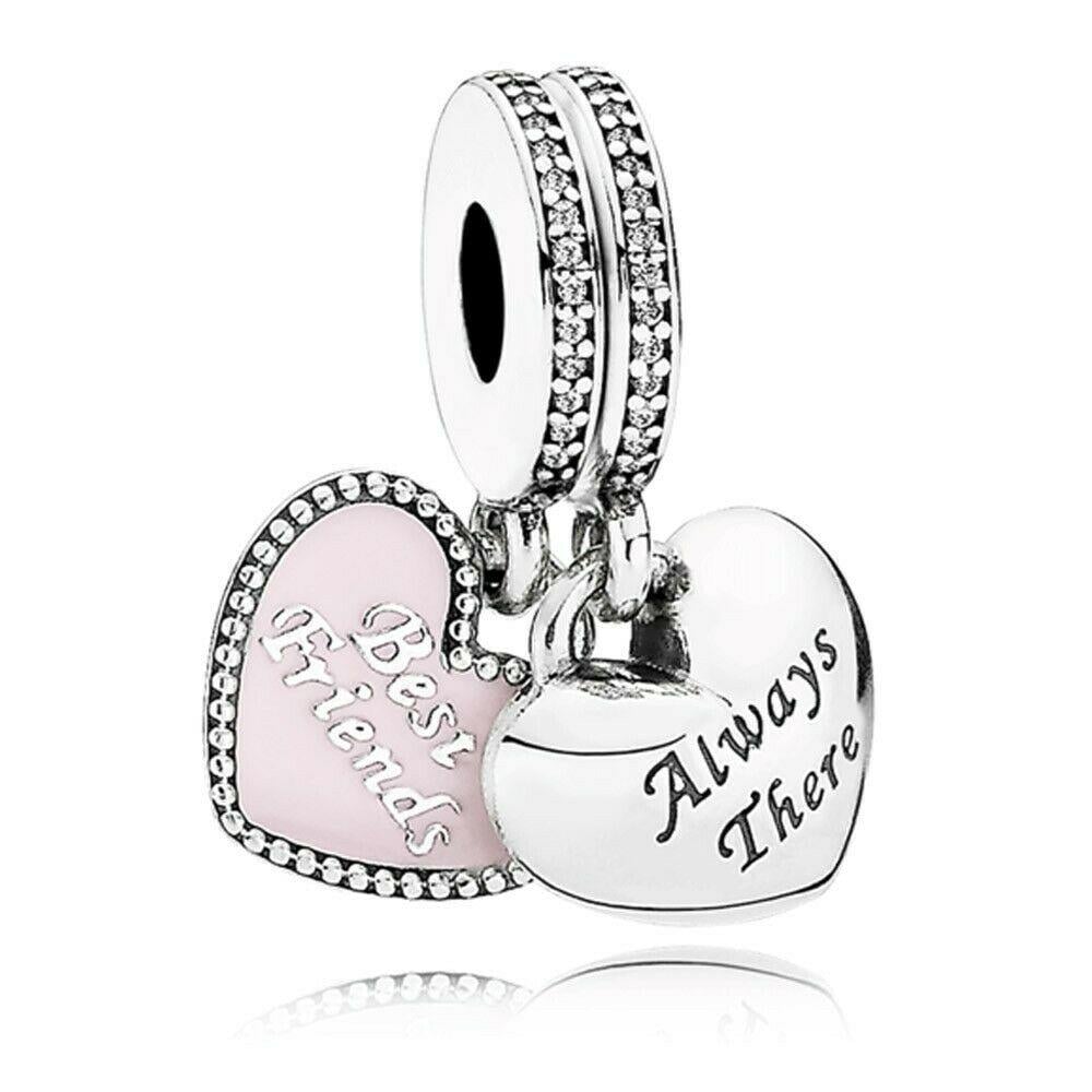 Best friend always there pink heart double dangle bead charm for women bracelet S925 Sterling Silver Gift For Women / friend birthday Gifts