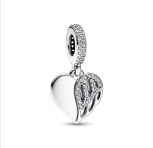 Sterling Silver Heart & Angel Wing Dangle Charm, S925 Bracelet Charm