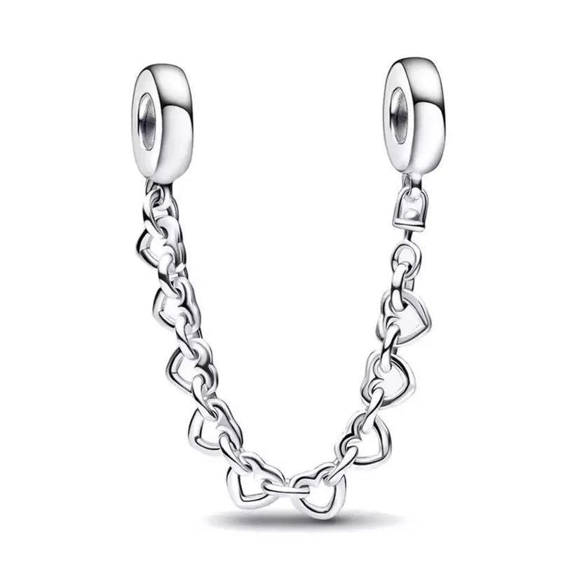 Sterling Silver Linked Hearts Safety Chain for 3mm-4mm Bracelet