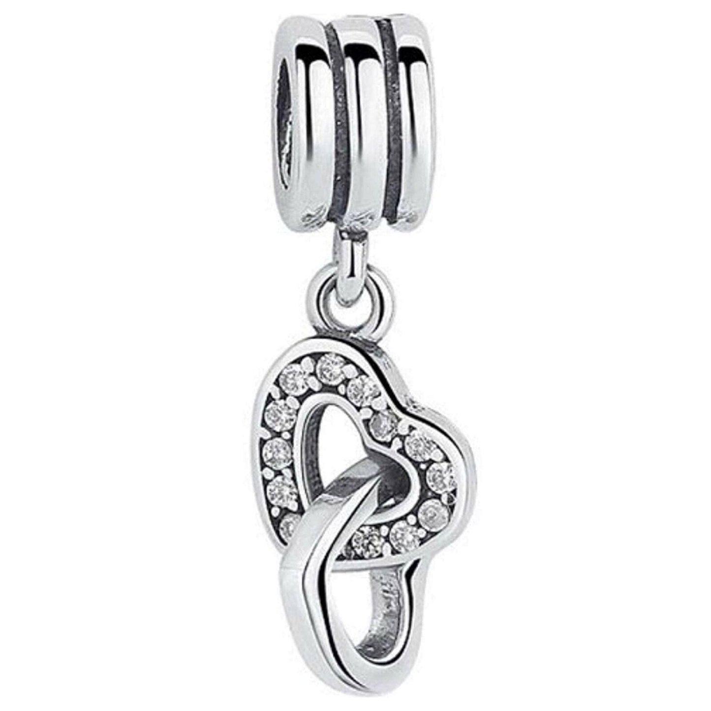 Sterling Silver Interlocking Hearts Dangle Charm, Cubic Zirconia