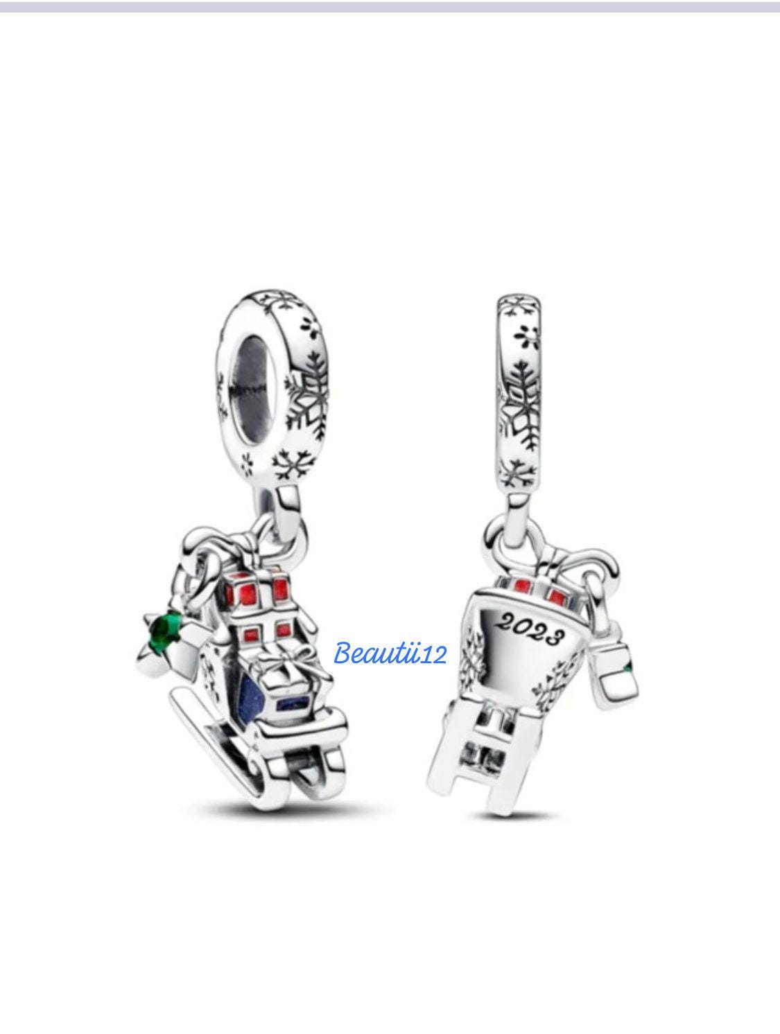 Christmas Sleigh dangle charm for women bracelet S925 Sterling Silver Gifts For Women / friend birthday ,Gifts, fits snake bracelet