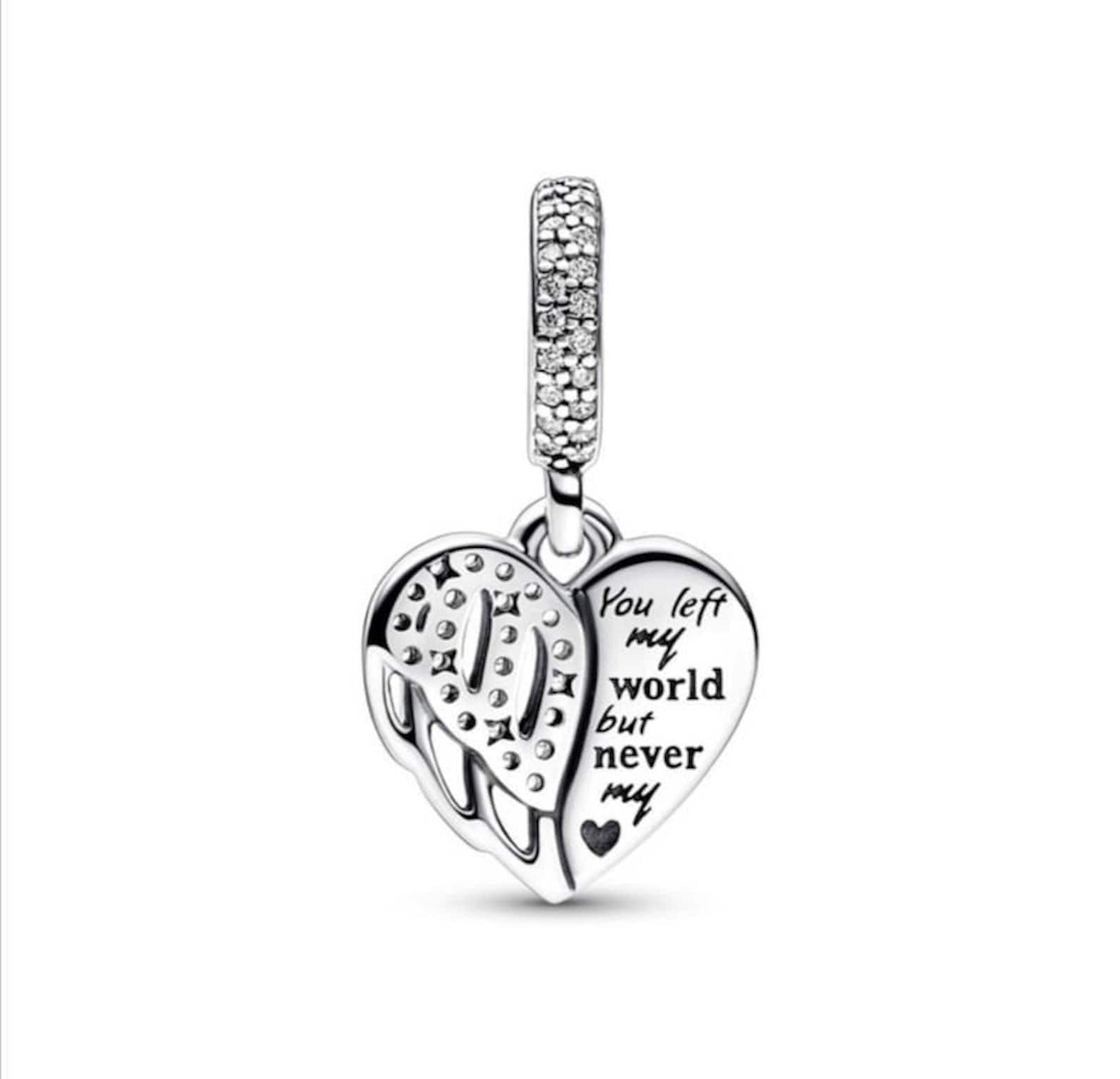Sterling Silver Heart & Angel Wing Dangle Charm, S925 Bracelet Charm