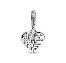 Sterling Silver Heart & Angel Wing Dangle Charm, S925 Bracelet Charm