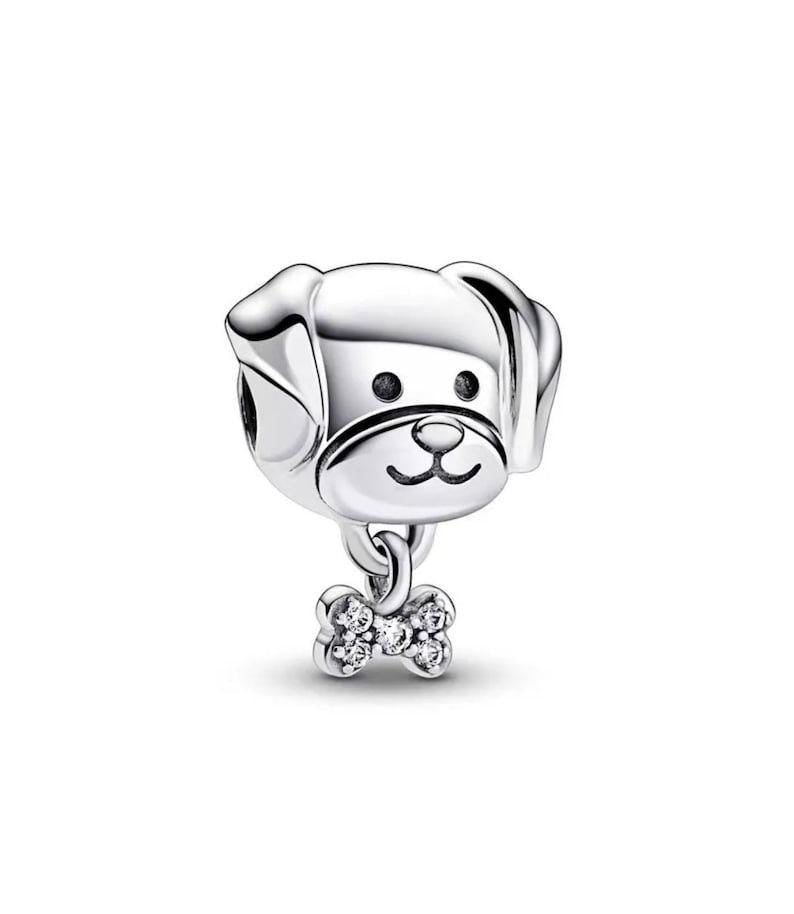 Sterling Silver Dog & Bone Charm, Puppy Bead Dangle