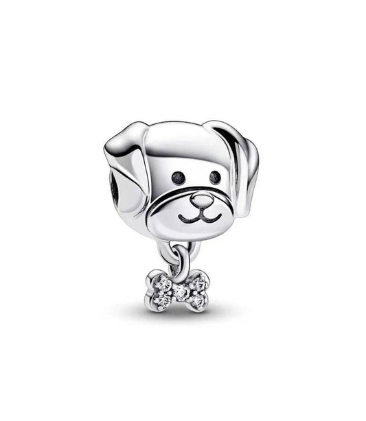 Sterling Silver Dog & Bone Charm, Puppy Bead Dangle