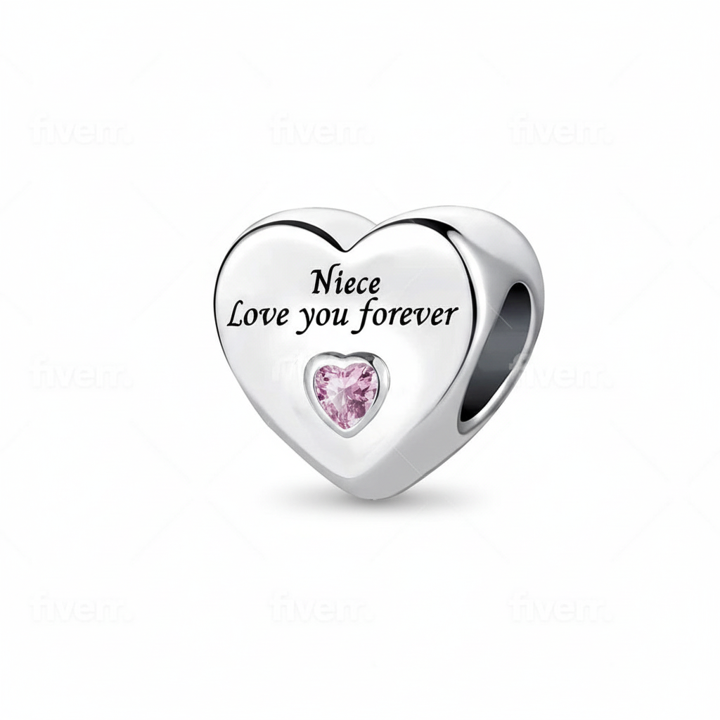 Top down view of Love You Forever niece charm displaying heart shape and engraving